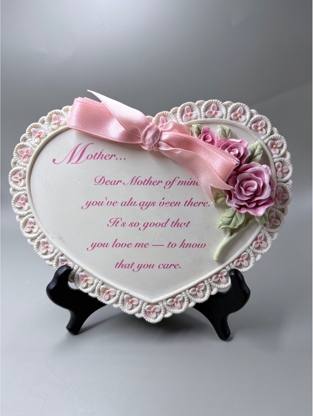Vintage Avon Chic Heart Shaped Plaque Pink Roses Resin Mother's Day Frame 5.5"
